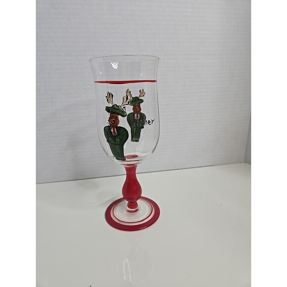 Pottery Barn DONNER Christmas Reindeer Goblet Glass Hand Painted Red Base EUC - Picture 1 of 7